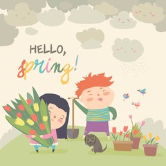 Cute cartoon boy and girl with spring flowers