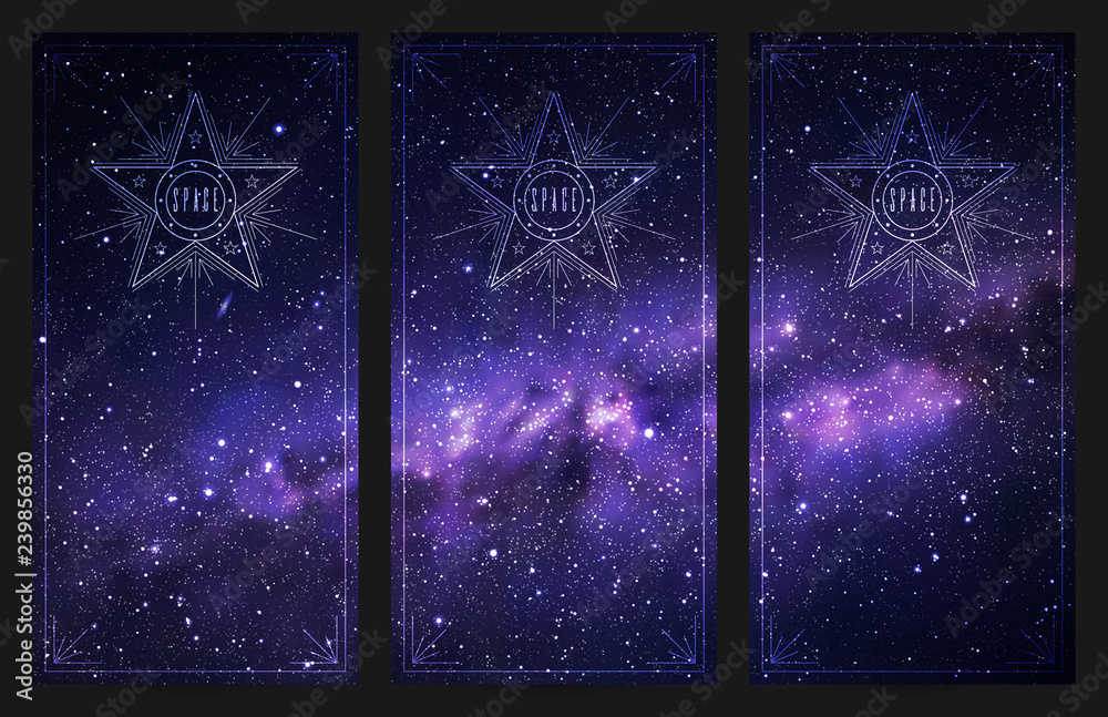 Wall mural set of vertical banners with night starry sky and milky way. space dark background with fragment of 