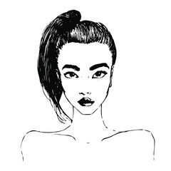 Vector hand drawn grunge sketch illustration of beautiful  young girl model with high ponytail hair.