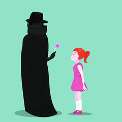 Cute little girl is looking at big scary dark man. Dangerous situation for children. Don't speak to a stranger concept