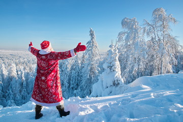 Santa Claus in the winter forest rejoices, welcomes, congratulates.