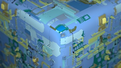 3d render sci-fi high detailed surfaces. Future background with complex forms and shapes. Technology illustration