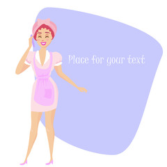 Cute smiling housewife in a light pink dress and an apron is speaking by a mobile phone. Retro 50-s style. Cartoon vector woman character.