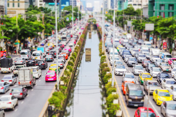 high view of traffic jam in Bangkok city with tilt shift style