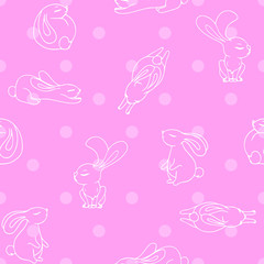 Naklejka premium Seamless vector pattern with cute hand drawn cartoon doodle bunnies. Sleeping rabbits.