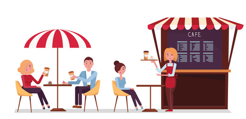 Street coffee shop concept vector banner. Takeaway kiosk in flat style. Friends are sitting at a table in a summer cafe. Cafe visitors at tables. Vector flat cartoon illustration on white background