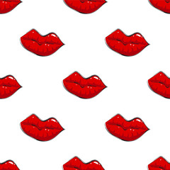 Seamless pattern with red woman lips. Hand drawn doodle style.