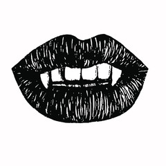 Vector hand drawn sketch illustration of vampire lips with fangs. Linocut engraving retro grunge style 