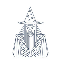 Vector black and white portrait of old magician with beard and magic hat isolated at white background. Line art illustration.