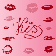 A set of prints of lips and calligraphy kiss.