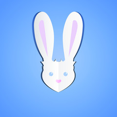 White cute bunny head with big ears. Paper art style. 