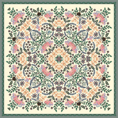 Decorative colorful background, geometric floral doodle pattern with ornate lace frame. Tribal ethnic mandala ornament. Bandanna shawl, tablecloth fabric print, silk neck scarf, kerchief design