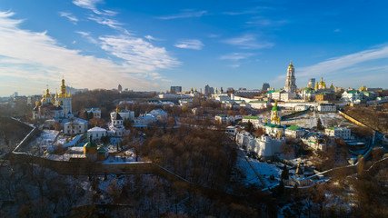 Aerial view of Lavra monastery in Kiev, Ukraine from drone , sunset view , cloudy sky , beautiful landscape