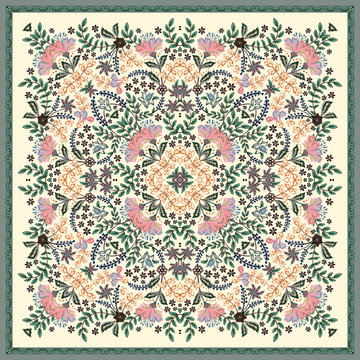 Decorative colorful background, geometric floral doodle pattern with ornate lace frame. Tribal ethnic mandala ornament. Bandanna shawl, tablecloth fabric print, silk neck scarf, kerchief design
