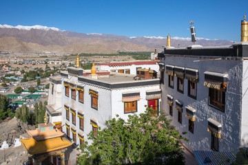 Spitok gompa Buddhist monastery with high Himalaya mountains on background, Ladakh, Jammu and Kashmir, India