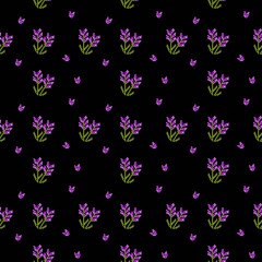 Fototapeta na wymiar Lavenders seamless pattern on black color, cross stitch 
