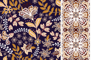 Set of floral seamless background and border with fantasy flowers, blossom and leave. Vector ornamental pattern set.
