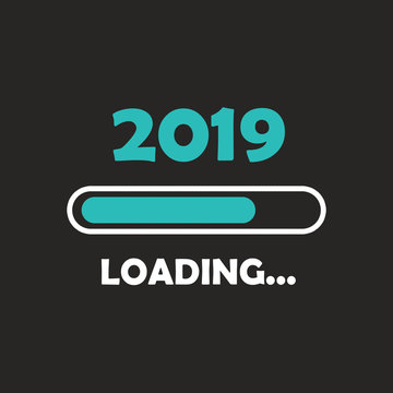 Happy new year 2019 with loading icon neon style. Progress bar almost reaching new year's eve. illustration with 2019 loading. Isolated or dark gray black background