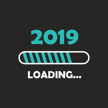 Happy new year 2019 with loading icon neon style. Progress bar almost reaching new year's eve. illustration with 2019 loading. Isolated or dark gray black background