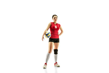 Female professional volleyball player isolated on white with ball. The athlete, exercise, action, sport, healthy lifestyle, training, fitness concept © master1305