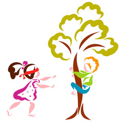 Children play hide and seek, fun game, a boy hides in a tree, a girl searches blindfolded