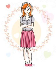Young beautiful redhead woman adult standing on colorful background with Valentine hearts in modern casual clothes. Vector nice lady illustration.