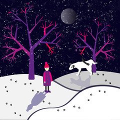 Winter illustration with trees, dog and girl.Winter snowy night in the park.