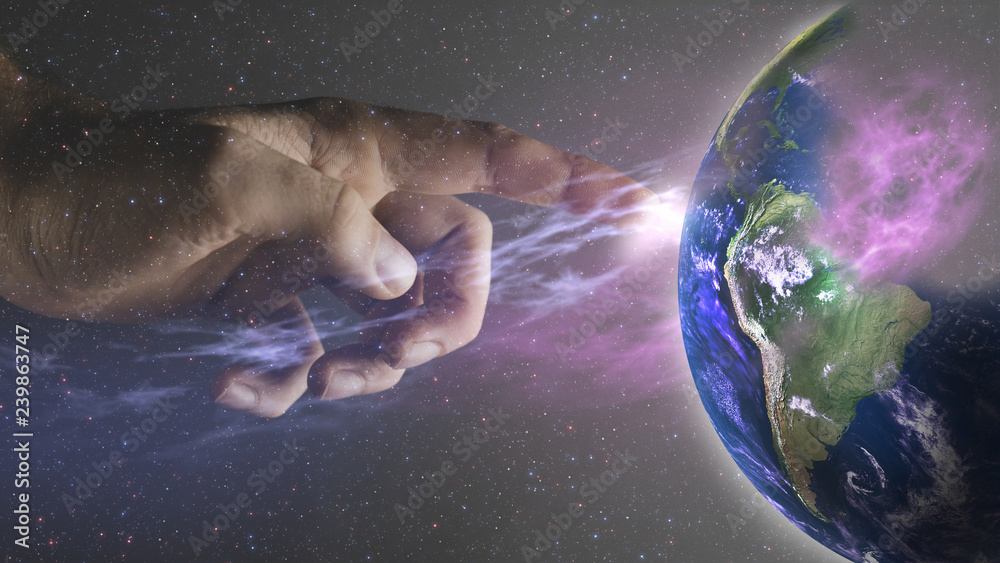 Aufkleber touching planet with finger. mixed media.