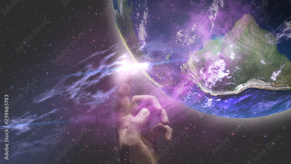 Poster touching planet with finger. mixed media.