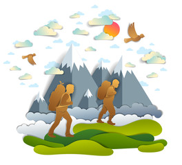 Active father and teenage son hiking through grasslands to mountains, birds in the summer sky. Fatherhood, hiker men having time of freedom in nature summer holidays, vector illustration.
