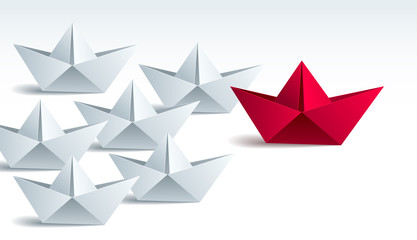 Leadership concept visualized with origami folded ship toys one of them is swimming in the front and leading the team group, vector modern style 3d realistic illustration.