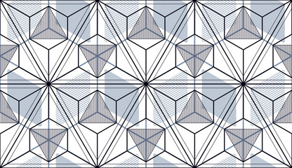 Geometric 3d lines abstract seamless pattern, vector background. Technology style engineering line drawing endless illustration. Single color, black and white. 