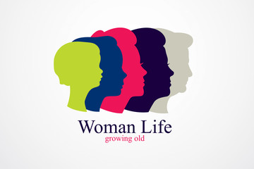 Fototapeta na wymiar Woman life age years concept, the time of life, periods and cycle of life, growing old, maturation and aging, one generation and age categories. Vector simple classic icon or logo design.
