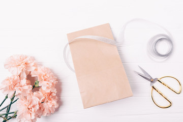 Flat lay composition brown gift paper bag