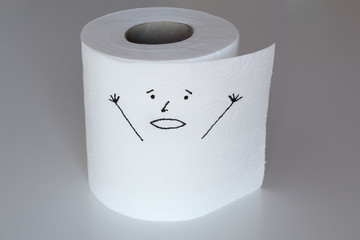 A white toilet paper roll sketched with a shouting character with crying out face and raised arms, representing the panic feeling through his face