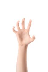 cropped view of woman gesturing with hand and imitating animal paw isolated on white