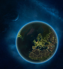 Netherlands at night from space with Moon and Milky Way. Detailed planet Earth with city lights and visible country borders.