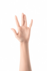 cropped view of woman showing salute sign isolated on white