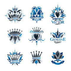 Fototapeta na wymiar Royal symbols, Flowers, floral and crowns, emblems set. Heraldic vector design elements collection. Retro style label, heraldry logo.