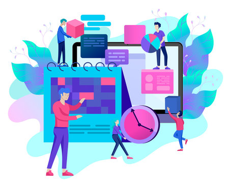 Landing page template of planning timework management people. Businnes Start Up Concept. Income and Success. Workers are studying the infographic, the analysis of evolutionary scale. Vector Business