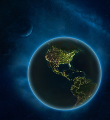 Belize at night from space with Moon and Milky Way. Detailed planet Earth with city lights and visible country borders.