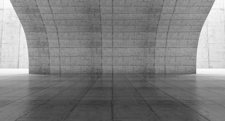 Empty concrete space with curve wall. Abstract Modern blank showroom with floor. Future concept background. 3d rendering.