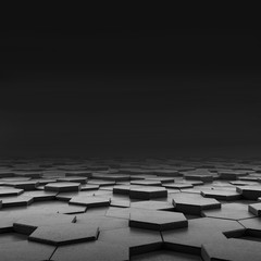 Abstract hexagonal background. Grunge Polygonal Hex geometry dark surface . Futuristic technology black texture concept. 3d Rendering.