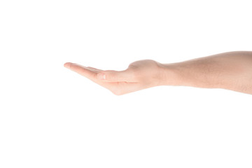 cropped view of man with empty hand asking for something isolated on white
