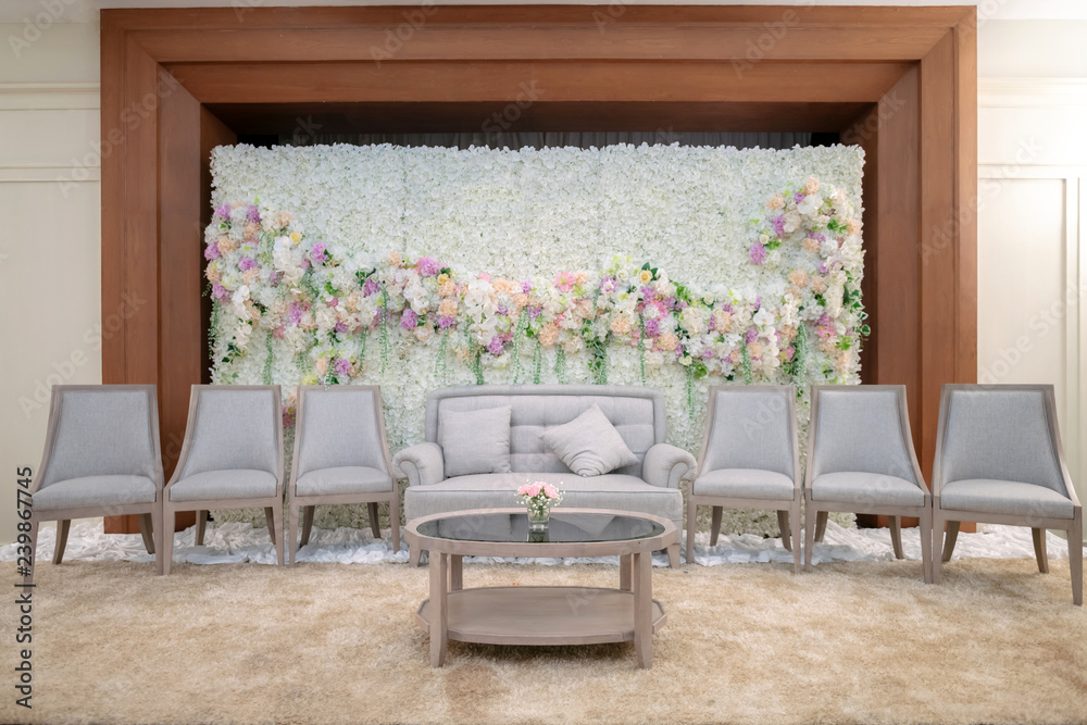 Wall mural wedding backdrop with flower and wedding decoration