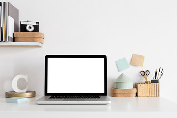 Home desk with laptop mock up. Stylish workspace.