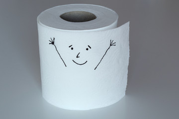 A white toilet paper roll sketched with a cheerful character with happy face and raised arms, representing the happiness feeling through his face