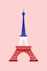 Illustration of Eiffel Tower painted in the colors of the French flag on pink background