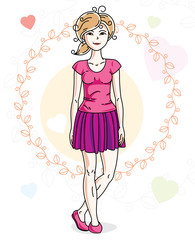 Young beautiful blonde woman standing on colorful backdrop with romantic hearts and wearing casual clothes. Vector character.