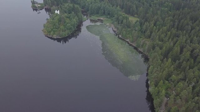 Aerial survey Mon Repos park in Old Vyborg, Russia, Monrepos north footage. Aerial footage forest panoramas foggy thick north forest, Island the Dead Mon Repos park. aerial video coniferous, pine tree